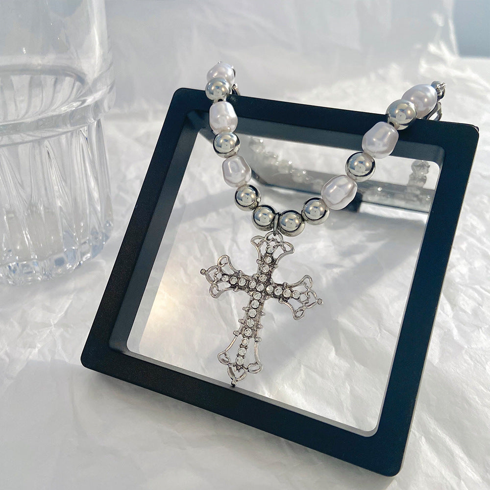 Wholesale Full Diamond Cross Pearl Necklace  Punk Jewelry Accessories